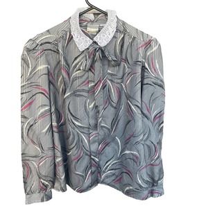Vintage Pykettes Blouse Womens Medium Gray Lace Collar Button Up‎ 80s